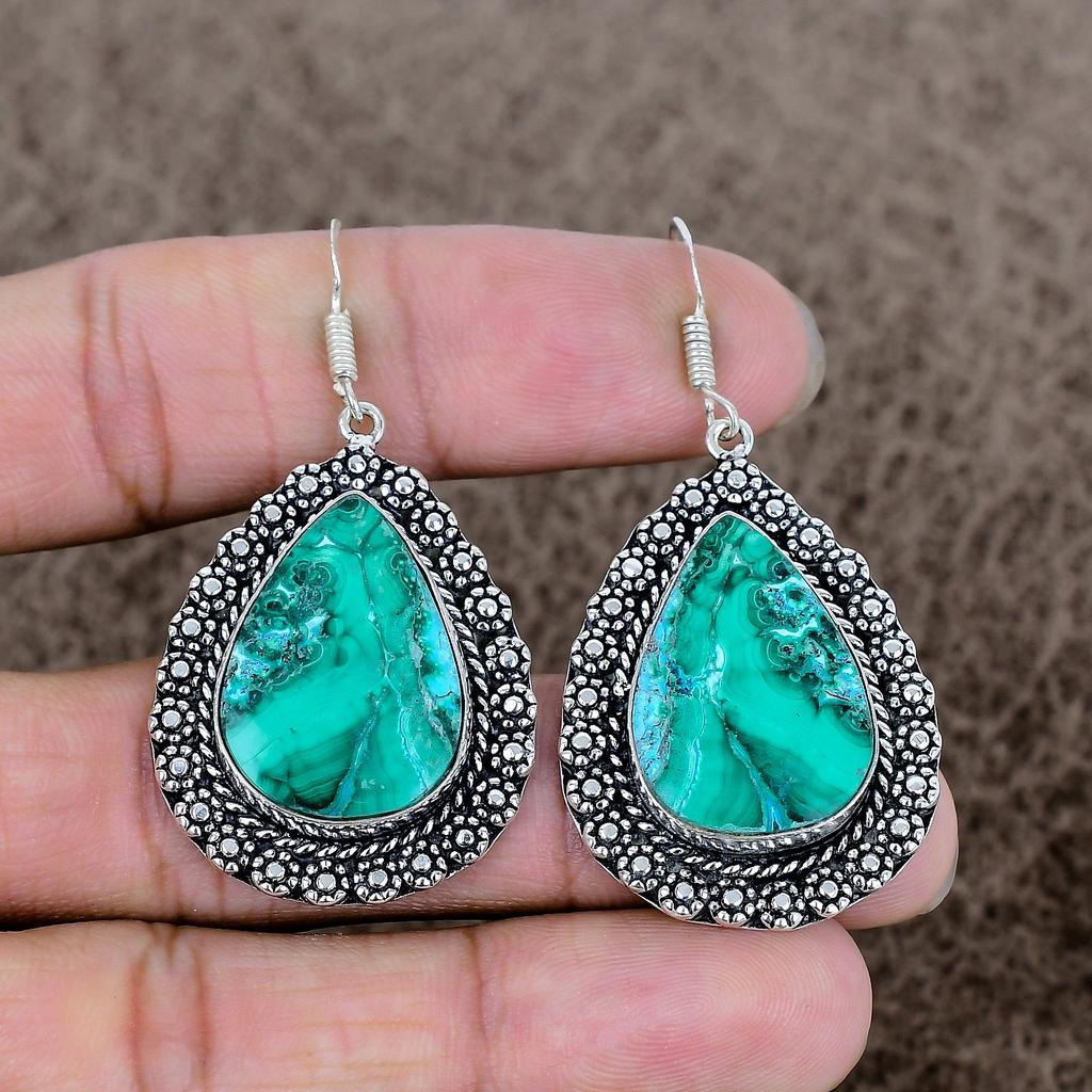 Chrysocolla Malachite Gemstone 925 Sterling Silver Jewelry Earring 2.25" KKG-707