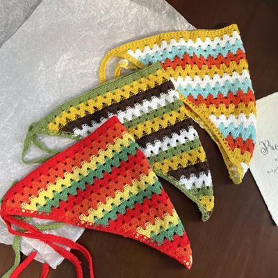 French Retro Cute Hollow Knitted Crochet Triangular Headscarf Summer Pastoral Style Triangle Headband Mountaineering Scarf