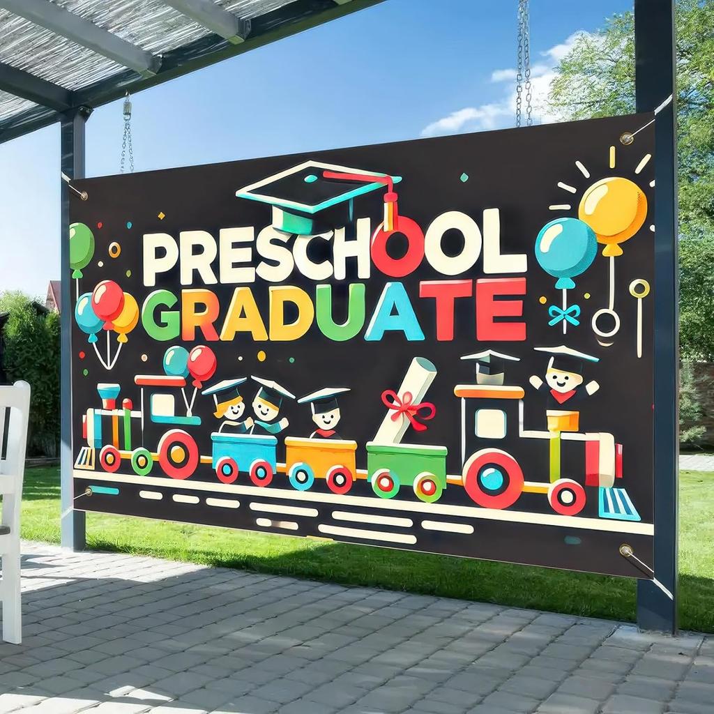 Preschool Graduation Banner Outdoor Backdrop Graduation Decorations 71x43 Inches 2025 Congrats Grad Banner with Balloons Train Ideal for Preschool