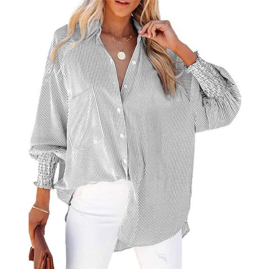 Pocket Shirts Striped Long Sleeved Loose Casual Women's Blouses & Shirts