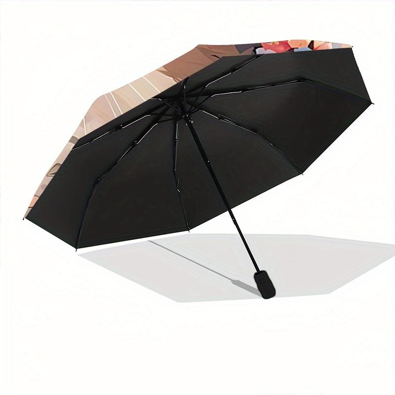 1pc Artistic Appealing Cat & Flowers Fully Automatic Folding Portable Umbrella, 8 Iron Frames, Three-Fold Design, Suitable for All Seasons,