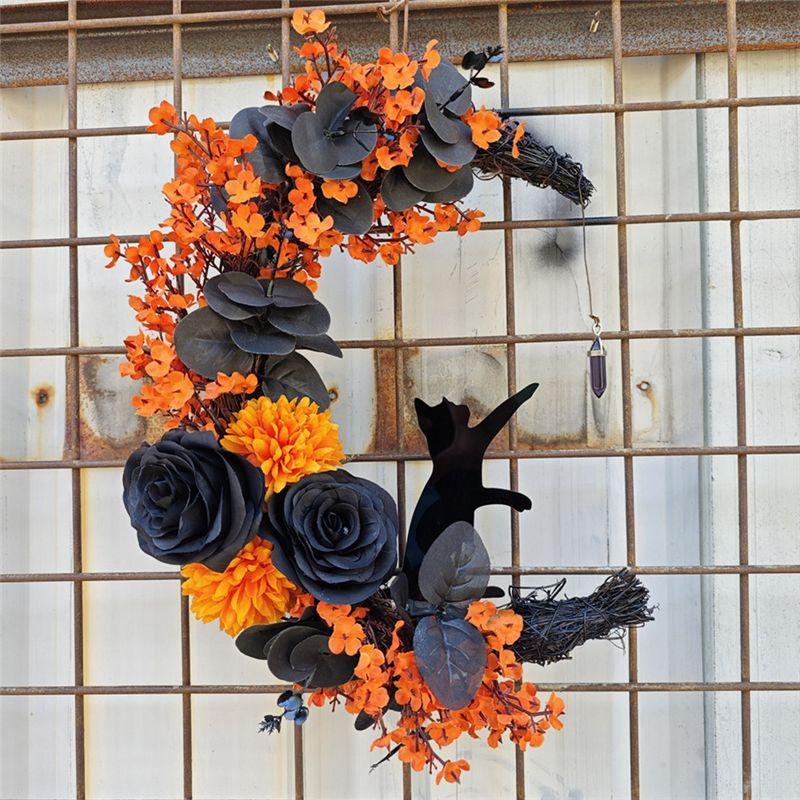 M-Modern-Halloween Signs Moon Shaped Door Wreaths Goth Roses Black Cats Garland Front Door Ornament Halloween Decor, B Easy Inst