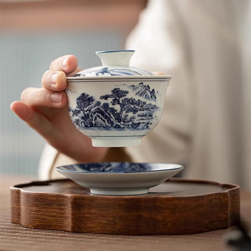 Jingdezhen Blue and White Porcelain Covered Bowl, Large Kung Fu Ceramic Tea Bowl, San Cai Gaiwan Handheld Bowl