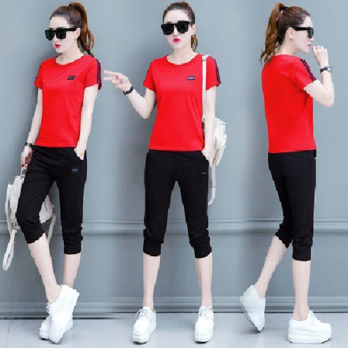 Casual Suit for Women, Loose Summer Korean Style Fashionable Short-sleeved Cropped Pants Sportswear Two-piece Set