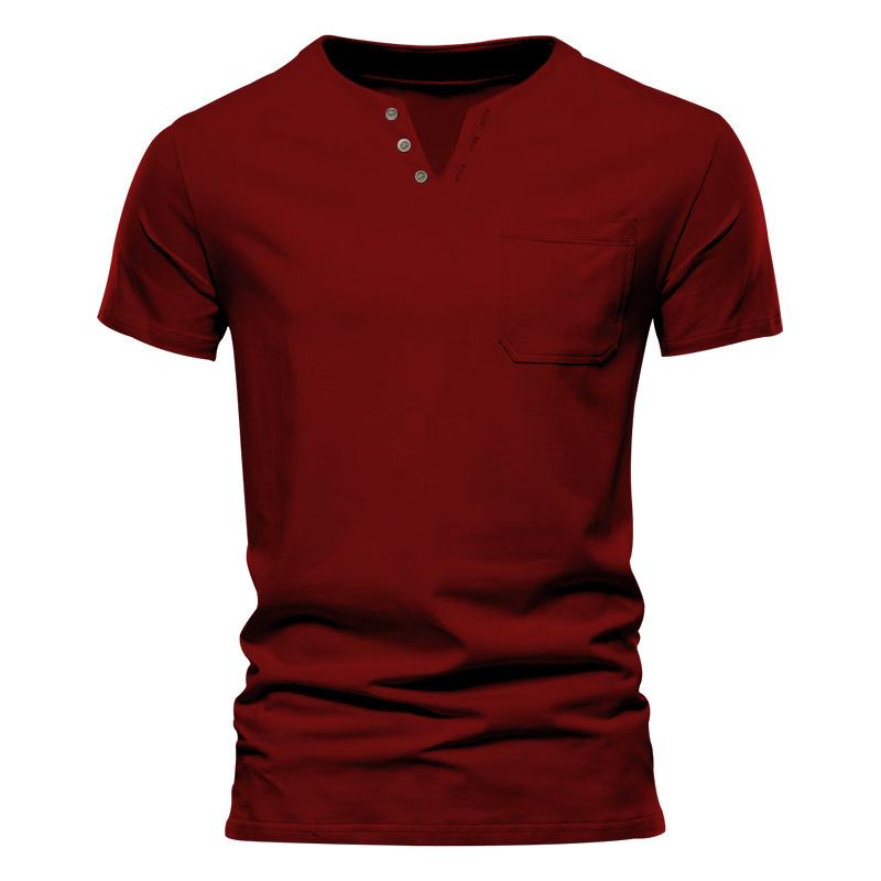 Summer Casual T-shirt Men's Fashion Trend Sports Slim Solid Color V-neck Pocket Men's Top