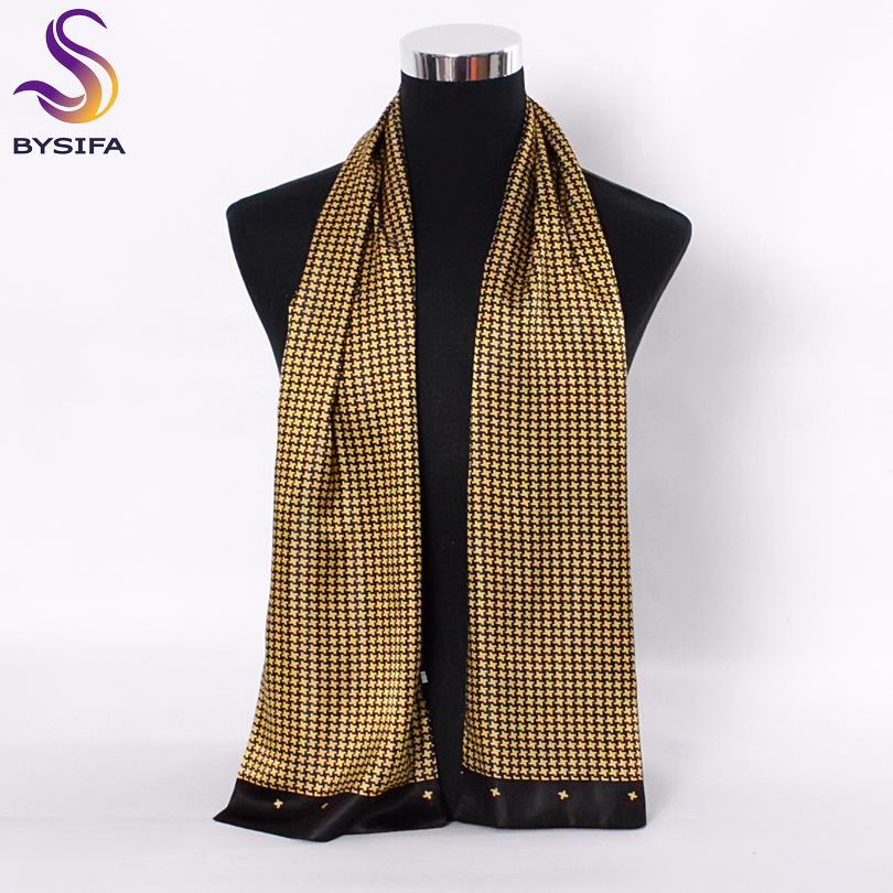 [BYSIFA] Navy Blue Gold Plaid Men Silk Scarves Fashion Accessories Autumn Winter Male Pure Silk Long Scarves Cravat 160*26cm