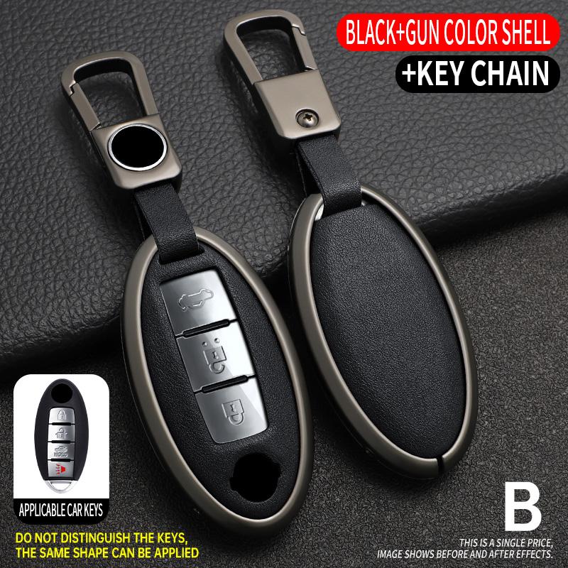Metal Leather Car Key Fob Case Cover Keychain For Nissan Rogue Sport Qashqai X-Trail Sentra Micra Maxima Titan Juke Leaf Gt-R