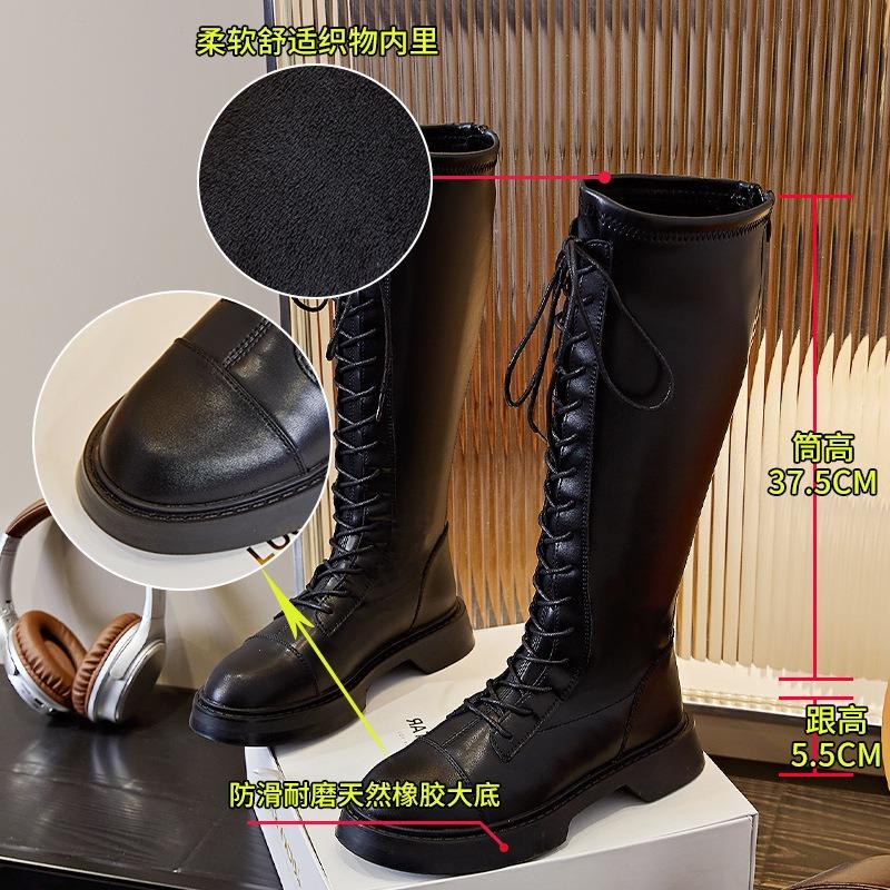 Leather Knight Boots Women's Winter New Velvet Boots Thick Heel Lace-up High Boots Casual Versatile Women's Boots