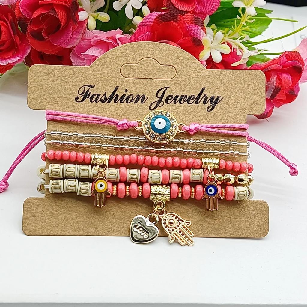 6Pcs Fatima Hand Evil Eye Bracelet Set For Women Heart Charm Beads Rope Chain Bangle Female Bohemian Handmade Jewelry