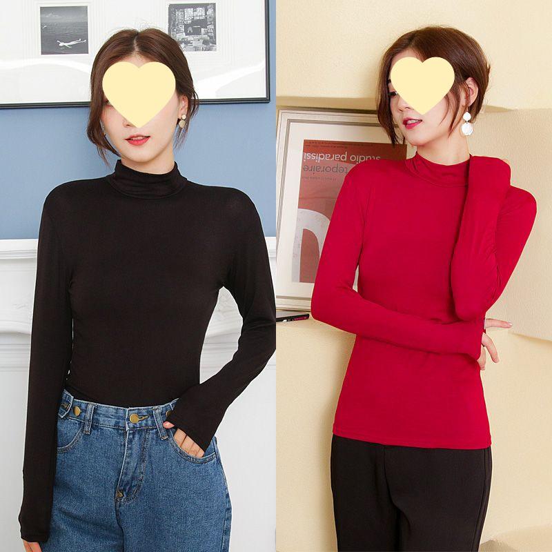 Spring Autumn 2025 Women's Modal Semi-High Neck Long Sleeve Solid Color Plus Size T-shirt - Versatile and Fashionable New Style
