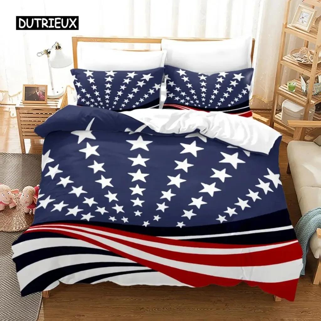 Bettbezug-Set mit amerikanischer Flagge, Mikrofaser, rot-weiß gestreift, Dekor, Bettwäsche-Set, Unabhängigkeitstag, Freiheitsthema, Bettbezug für Teenager