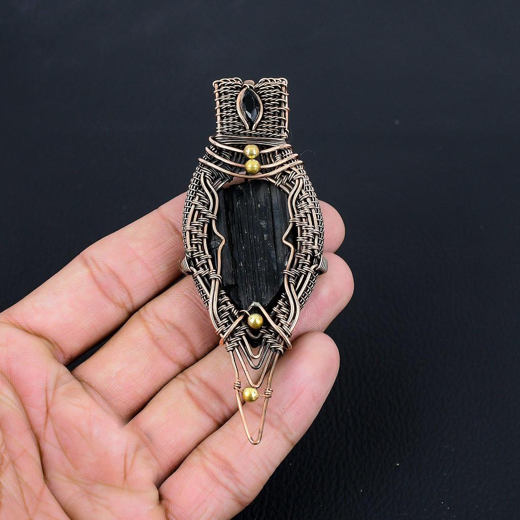 Black Tourmaline Gemstone Pure Copper Wire Wrapped Handmade Pendant Jewelry Gift