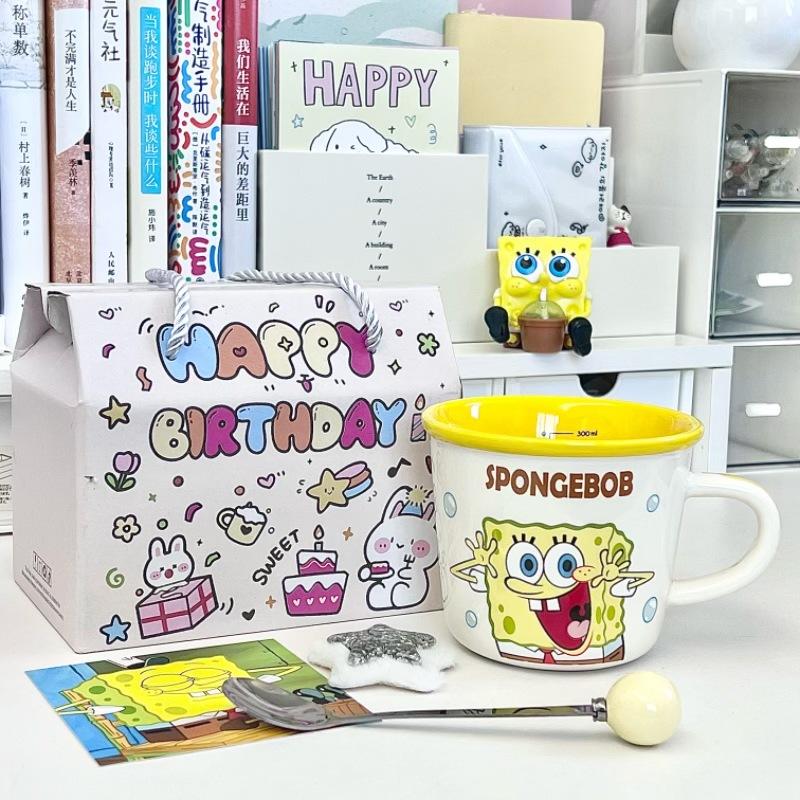 Taza de cerámica de Bob Esponja para niños con vaso medidor de agua, taza para café con leche para oficina, regalo de cumpleaños