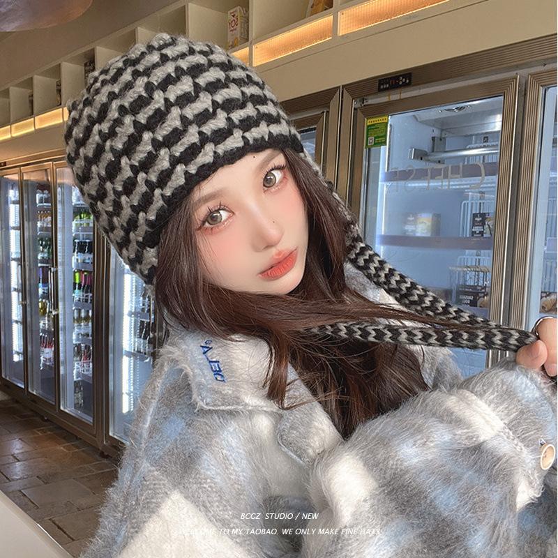 Hat Women's Winter Sweet and Cute Girls Thickened Ear Protectors Autumn and Winter Versatile Knitted Hat Warm Thick Wool Hat