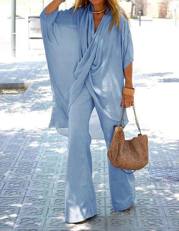 MAITA Spring/Summer Women Casual Loose Tulle Doll Sleeves Cotton Linen Blouse Top Wide Leg Pants Solid Color Two Piece