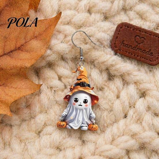 Anti-rust Metal Earrings 1 Pair Halloween Cute Ghost Earrings, Acrylic Dangle with Witch Secure Fit Hat Pumpkin Bat, Anti-Rust Hooks, Playful