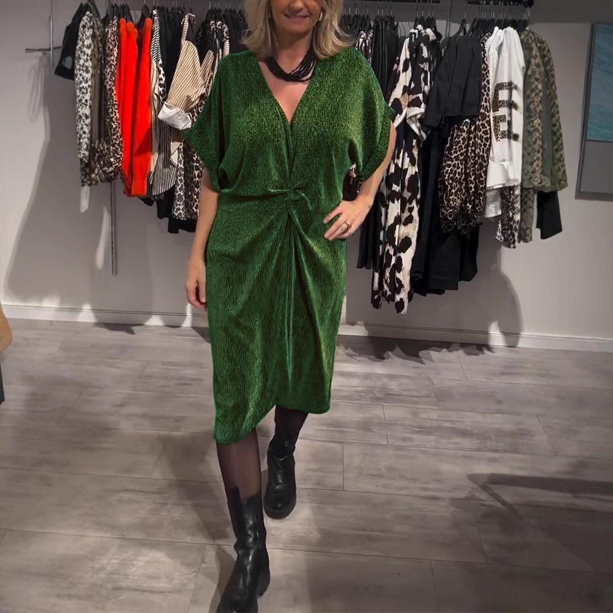 

2025 Spring/Summer Shiny V-neck Mid-length Dress - European & American Style Women s Casual Wear L