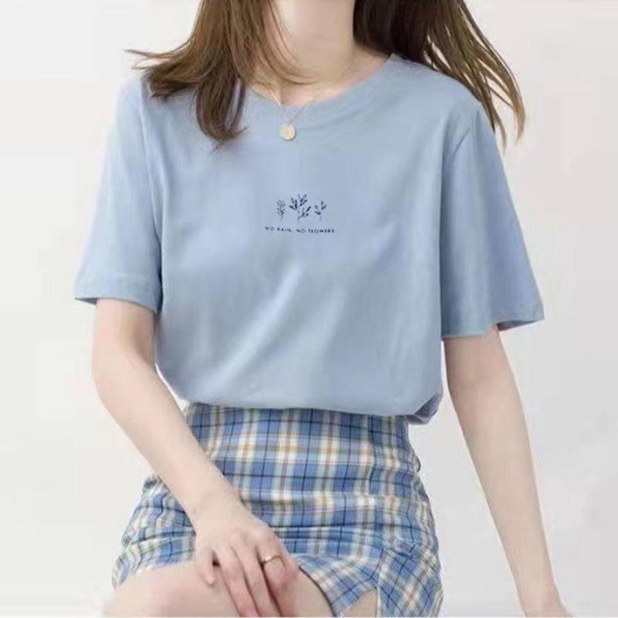 Summer Women Crew Neck T-shirt Loose Casual Solid Botanical Print Short Sleeve Tee T-shirts and Long Sleeves