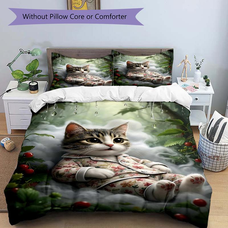 3pcs Anime Cat Floral Print Bedding Set - Includes One Quilt Cover and Two Pillowcases (No Core) - Perfect for Bedroom and Guest Room Decora