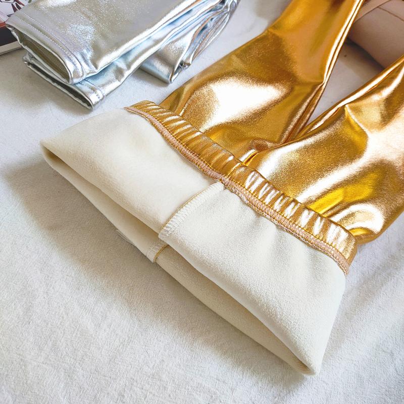 Barn Gull Sølvfarge Fleecebukser Høst Vinter Jenter Thicken Bukser Barn Slim Metallic Glossy Plus Velvet Bukser