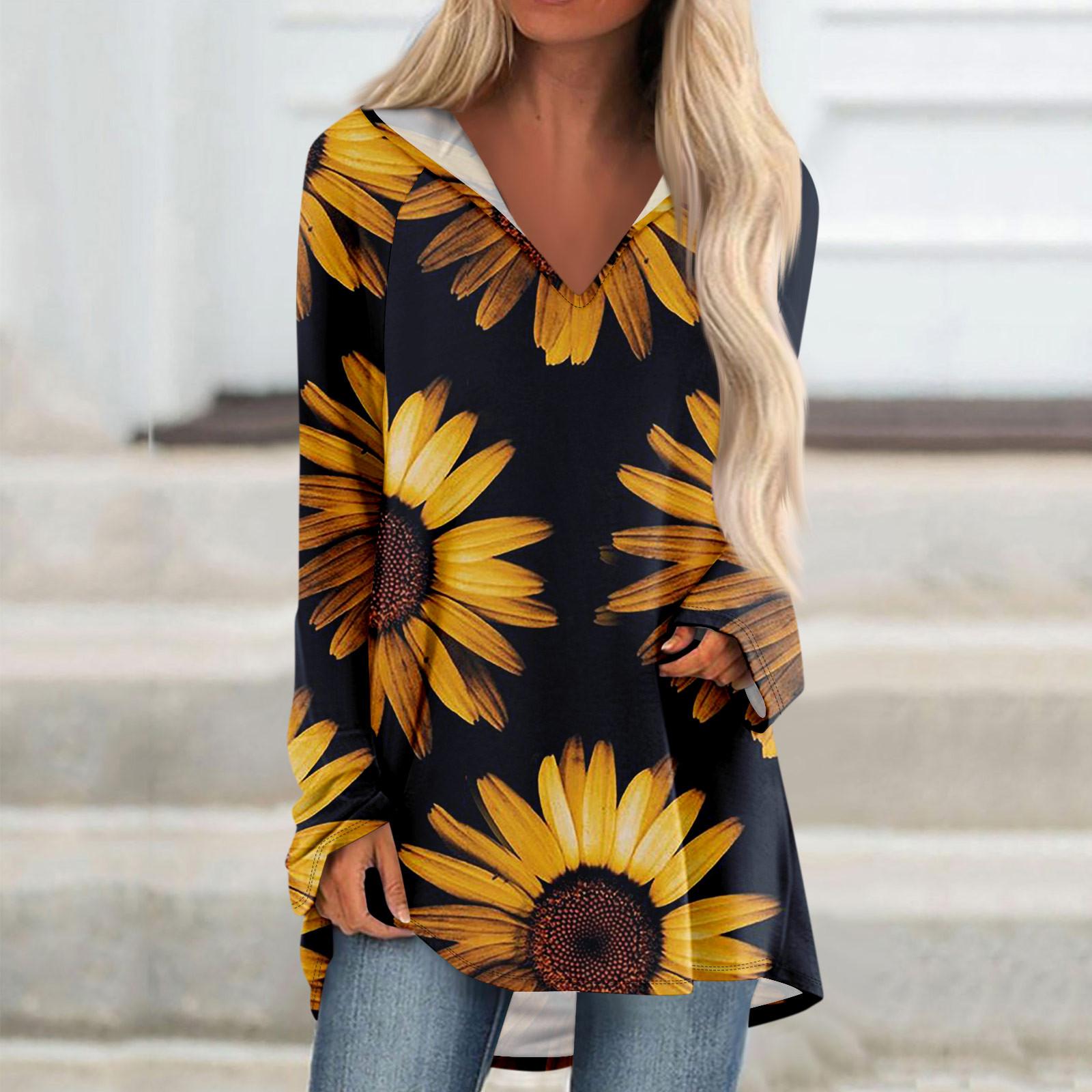 Женские свободные топы с V-образным вырезом и капюшоном с длинными рукавами — фото 12