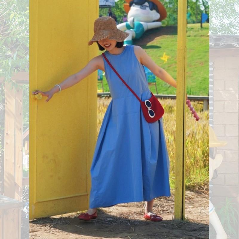 French Temperament Blue Dress Women's Summer New Pear-shaped Figure Slim Sleeveless Vest Long Skirt