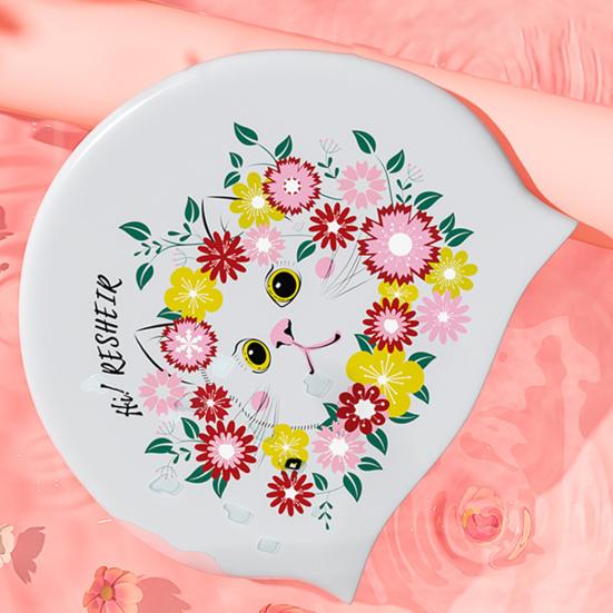 

Простая силиконовая шапка для плавания ультратонкая водонепроницаемая эргономичная печать котенка Длинная защита волос Плавание для лета