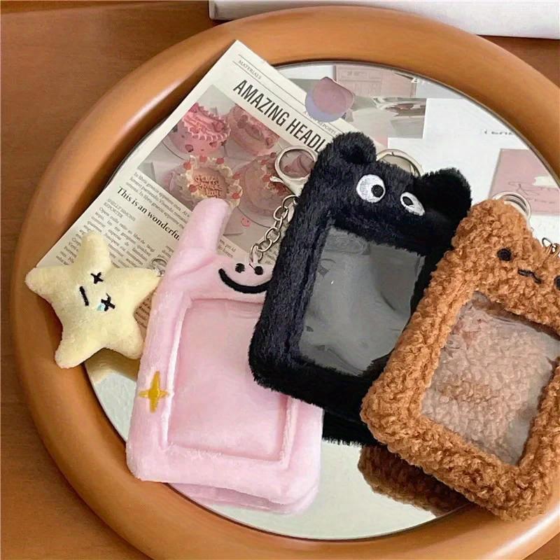 3 Inch Cute Cartoon Bear Rabbit Star Plush Photocard Holder Kpop Idol Photo Holder Girl Keychain ID Credit Protector Stationery