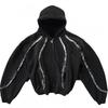 Unisex Punk Streetwear Hooded Sweatshirt With Embroidered Detail Loose Fit Long Sleeve Zipper Front Black