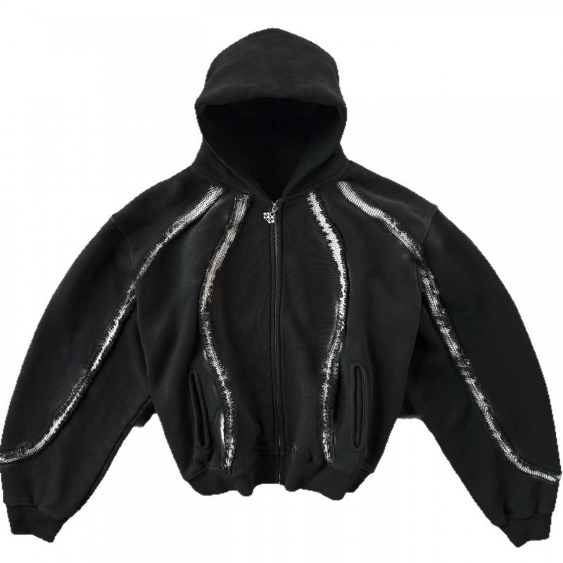 Unisex Punk Streetwear Hooded Sweatshirt With Embroidered Detail Loose Fit Long Sleeve Zipper Front Black