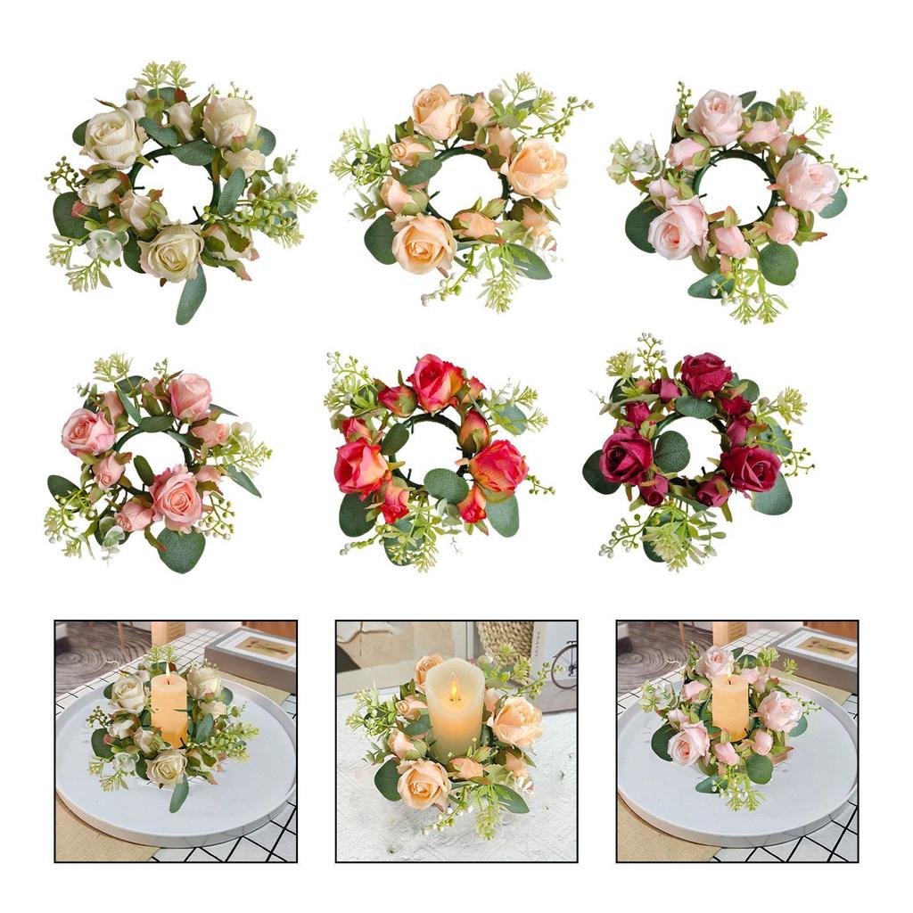 Candle Ring Candleholder Decoration Ornament Artificial Flowers Wreath Candlestick Holder for Tabletop Wedding Front Door