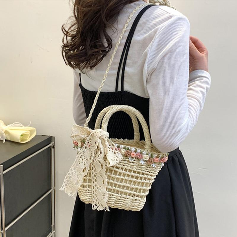 Handwoven Messenger Bag Rattan Flower with Lace Bow Design Shoulder Bag Portabl Storage Crossbody Handbag for Daily Leisure CLE