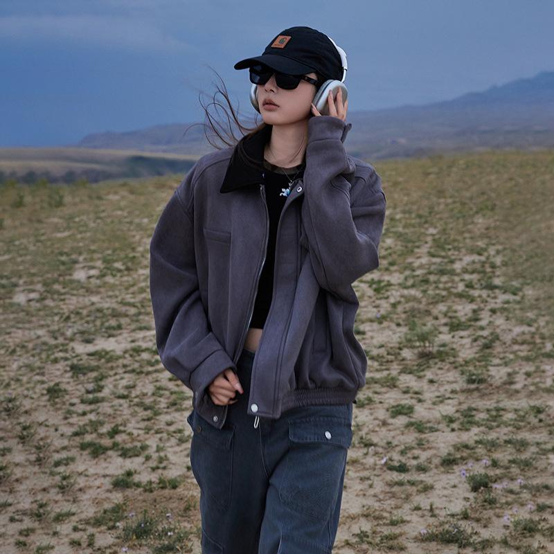 

Spring and Autumn new anti-suede contrasting coat removable collar light baseball uniform female student lazy coat XL серый