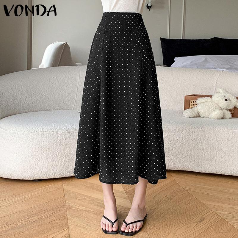 VONDA Women High Zip-up Waist Polka Dots A-Line Long Skirts