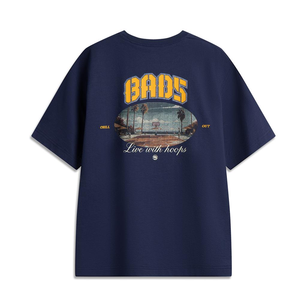 Li Ning Basketball Series Sport Casual Simple Loose Letter Crew Neck Pullover Short Sleeve T-Shirt Men Tops Deep-Navy AHSV223-5