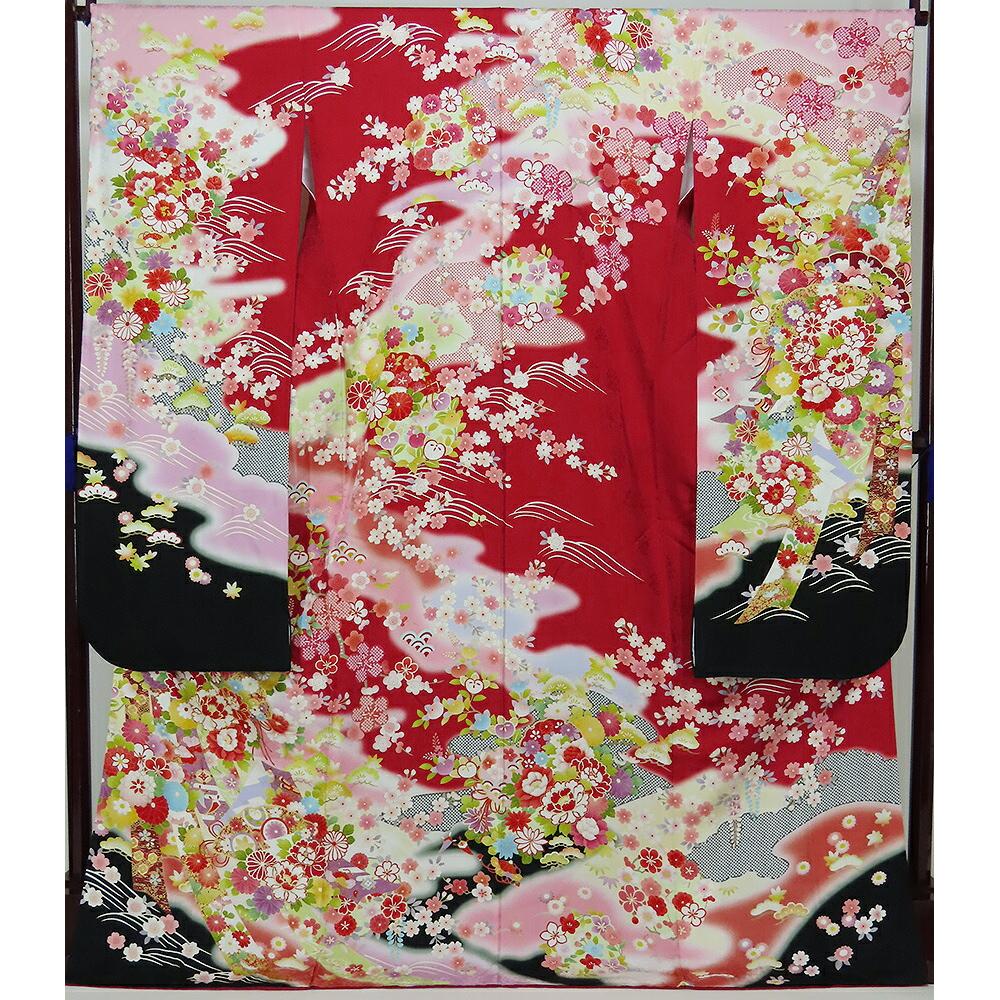 

Long-sleeved kimono, crested, red, black, pink, flowers [Used] Good condition