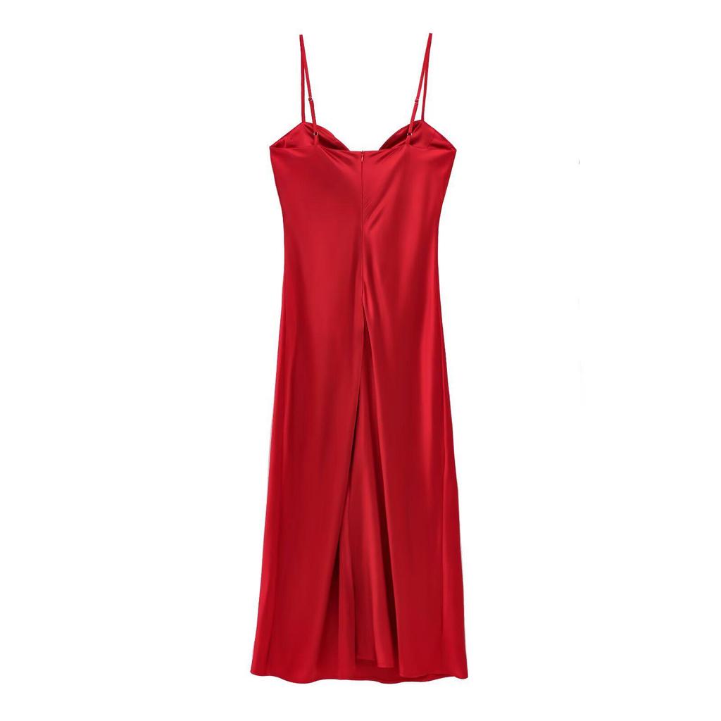 2025 Spring Women's European & American Style Silk Satin Red Heart Neckline Midi Dress