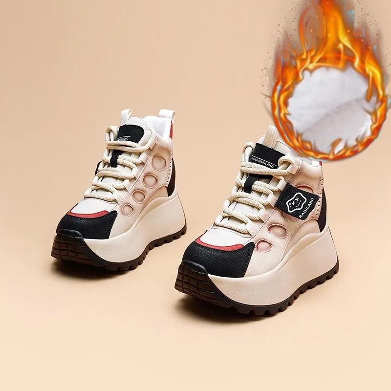 Dámské boty Plus sametové boty, Dámské vysoké ležérní sportovní boty, Zimní univerzální boty na silné podrážce, Bavlněné boty odolné proti chladu