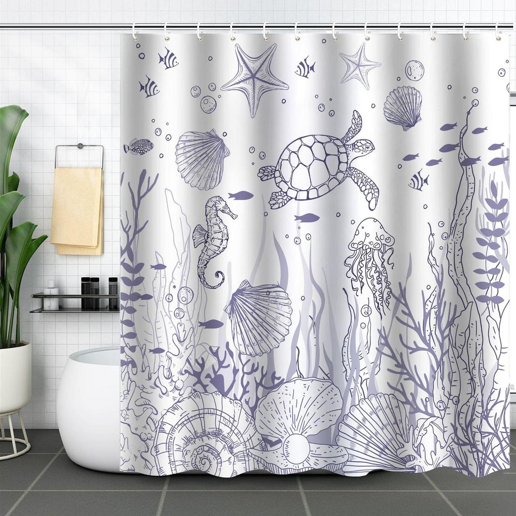 Wodoodporna zasłona prysznicowa 3D z motywem żółwia morskiego i rozgwiazdy, odporna na pleśń