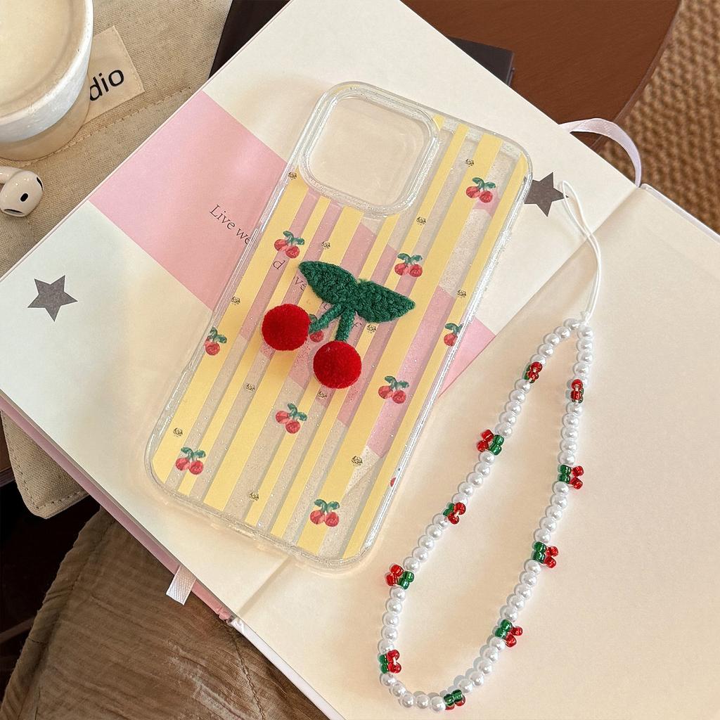 Three Dimensional Small Cherry Apple 16 Mobile Phone Case Glitter Pink Yellow Stripes Iphone15promax Suitable for 11 Hanging Chain 12 Soft