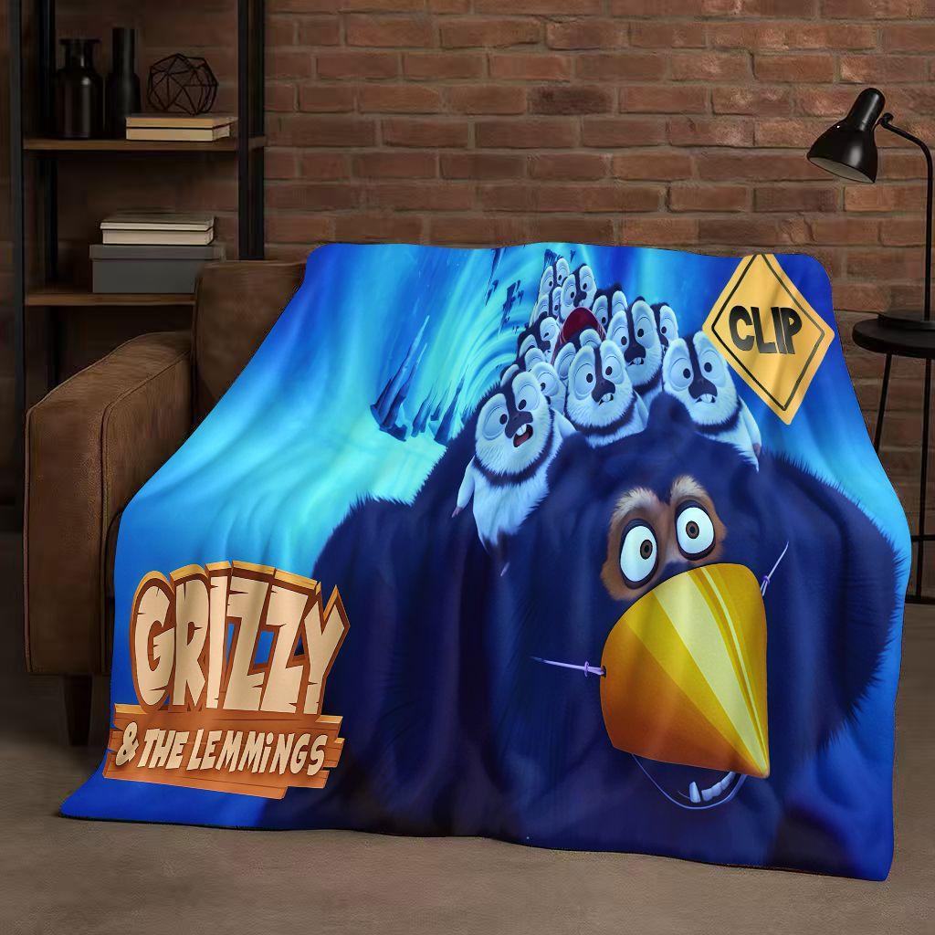 Kawaii Grizzy and The Lemmings Cartoon Flannel Blanket,Ultra Soft Warm Plush Throw for Home Bedroom Bed Sofa Cover Kids Gift