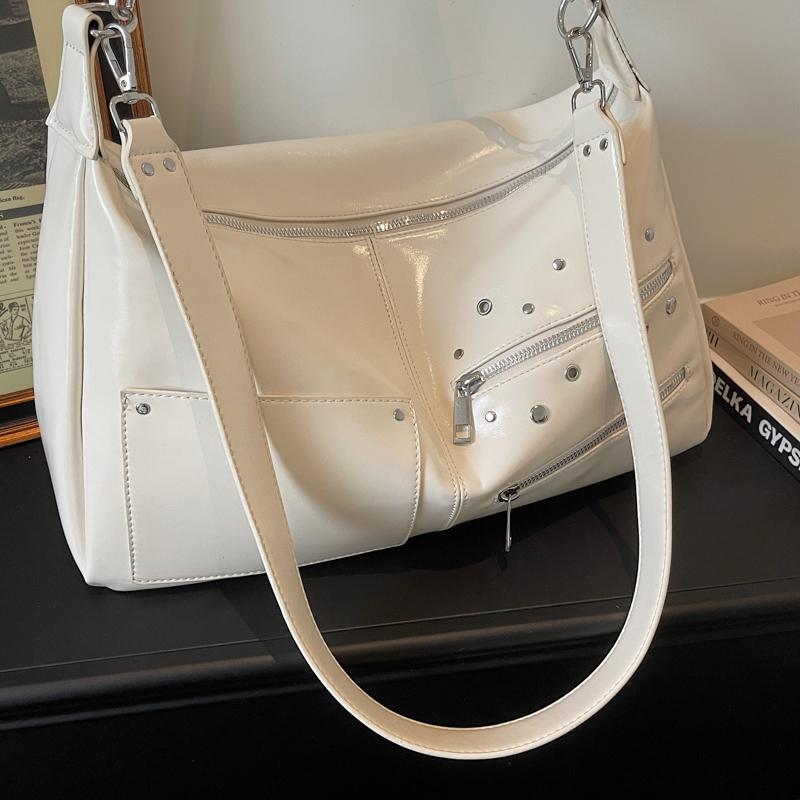 Glossy Faux Leather Shoulder Bag with Multiple Zipper Pockets Women's Fashion Handbag Large Capacity