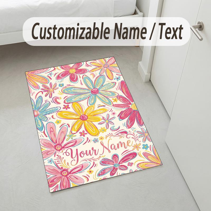 Floral Art Theme Soft Crystal Velvet Rug Custom Name & Text Print Non Slip Floor Rug for Bedroom Living Room