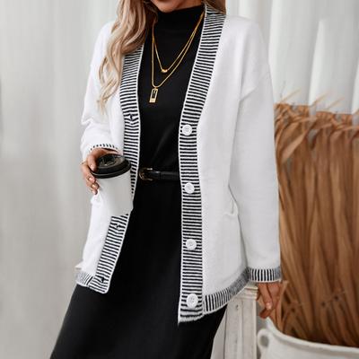 Herbst- und Winter Damenpullover Gestreift Kontrastfarben V-Ausschnitt Einreihiger Cardigan-Pullover für Damen