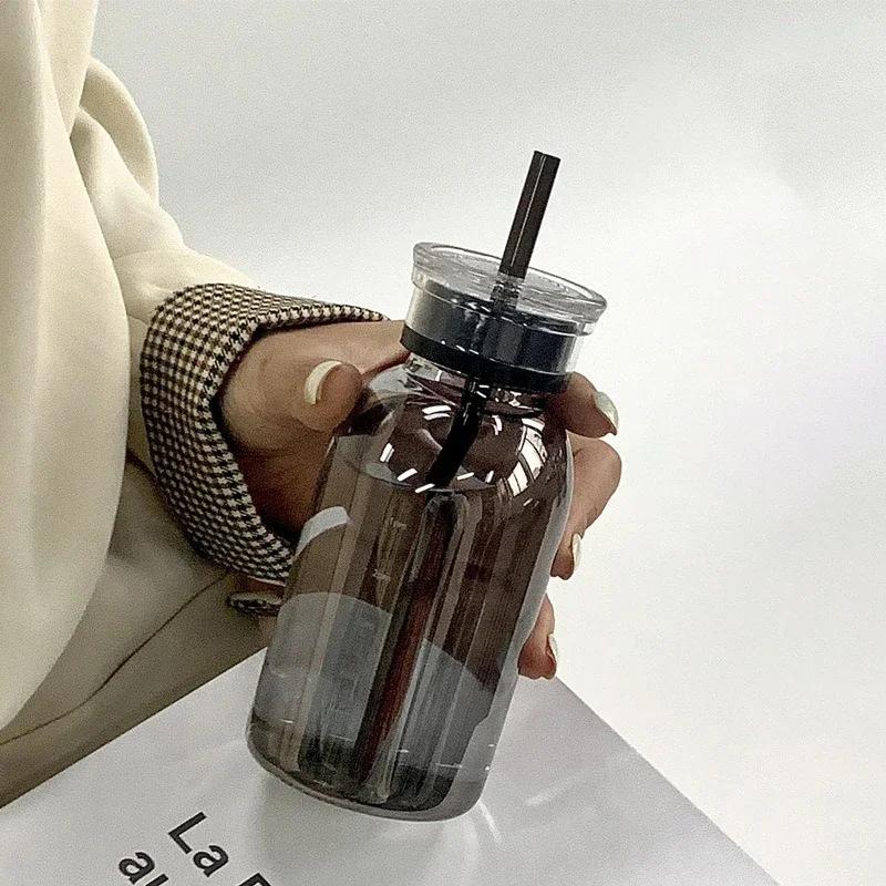 300-750ml Double Lid Water Bottle High Borosilicate Glass Water Cup with Straw Korean Portable Milk Juice Cup with Time Marker