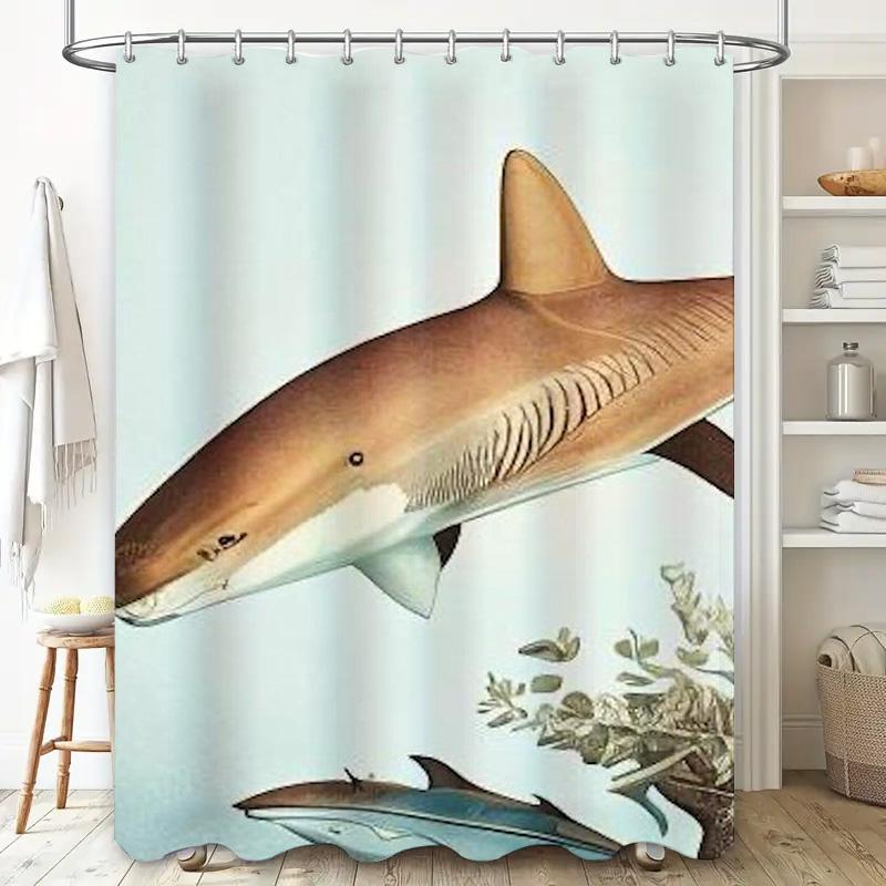 Modern Ocean Life Print Shower Curtain Large Size (180x200cm) for Bathroom Decor with Hooks Included.