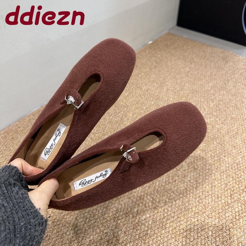 Fashion Buckle Fashion Flock Ladies Mary Janes Flats Shoes Female Square Toe Footwear Shallow Women Flats Slip On Shoes Lady