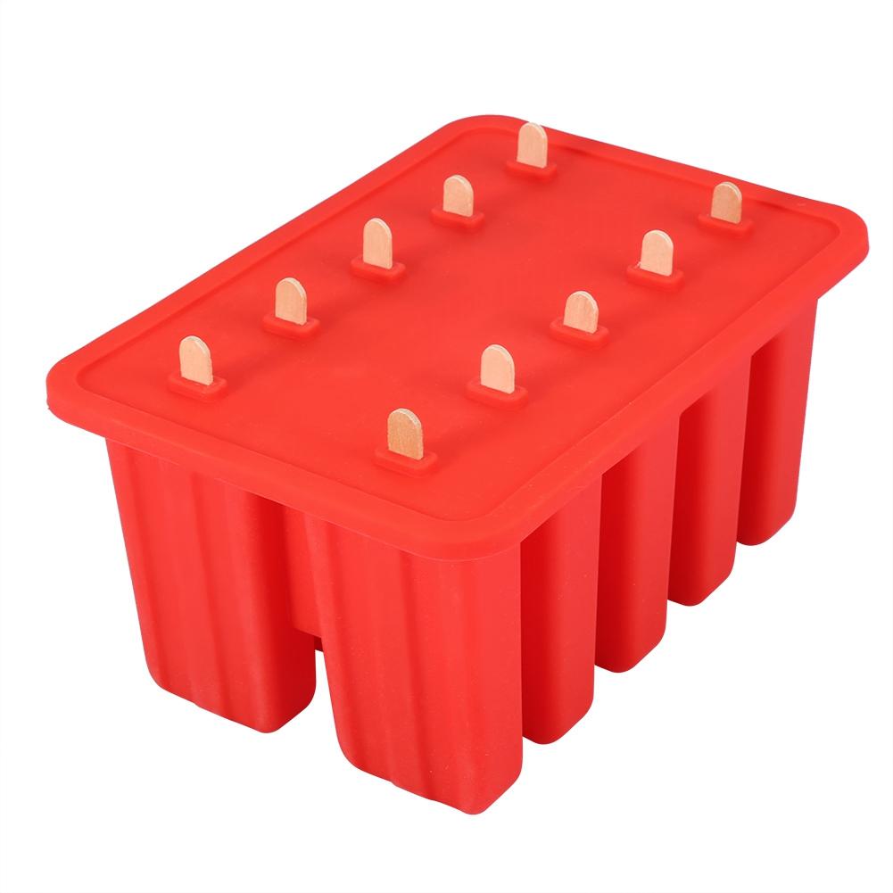 10 Cells Silica Gel Frozen Ice Cream Mold Popsicle Maker with 50 Sticks (Red)