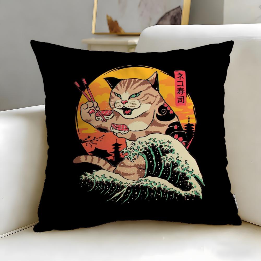 Classic Theme Japanese Style Cat Cushion Cover Soft & Easy-Wash Pillow Case – Versatile for Couch, Bed, Travel and Office