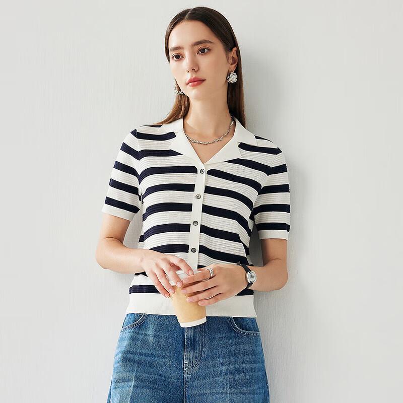Zhaojun Women's Striped Mulberry Silk Short Sleeve Knit Cardigan